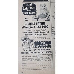 Vintage 1954 3 Little Kittens All-Fish Cat Food Print Ad Retro Pet Advertising